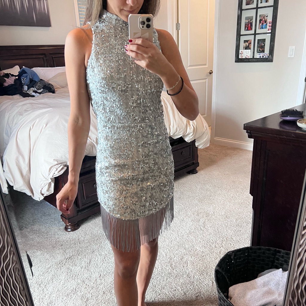 Amanda Uprichard Silver Sequin High-Neck Mini Dress